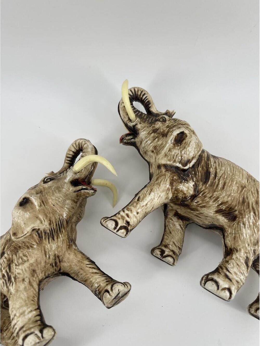 Pair Vintage Plastic Elephant Figurines Ivory Tone Tusks Safari Decor 8” - Picture 8 of 9